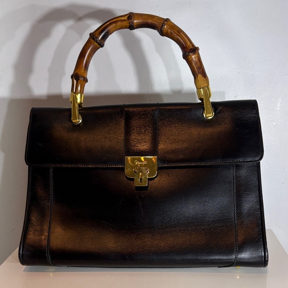 GINZA Kanematsu Handbag black leather bamboo style handle vintage